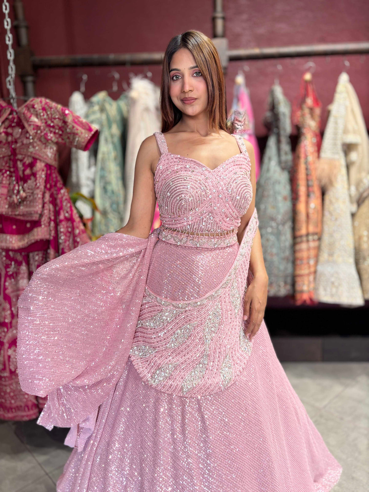 Blush Pink Sequin Embellished Designer Lehenga with Draped Dupatta