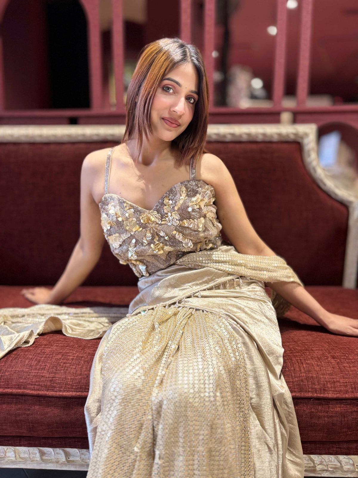 Champagne Gold Sequin Pre-Draped Saree Set with Embellished Blouse