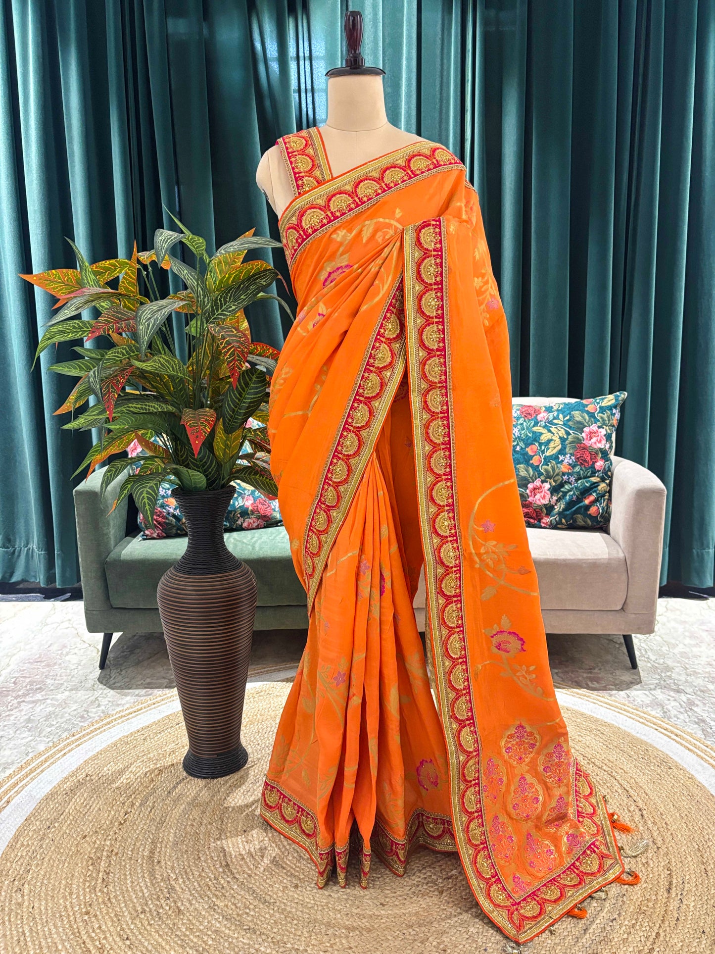 Orange Festive Embroidered Saree with Rich Designer Border