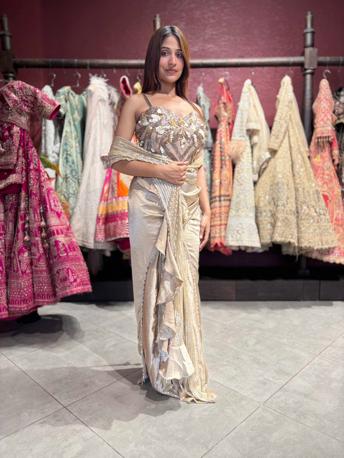 Champagne Gold Sequin Pre-Draped Saree Set with Embellished Blouse