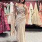 Champagne Gold Sequin Pre-Draped Saree Set with Embellished Blouse