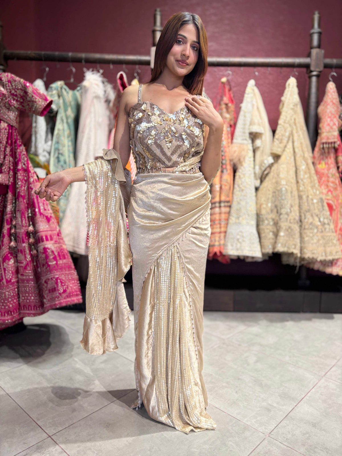 Champagne Gold Sequin Pre-Draped Saree Set with Embellished Blouse