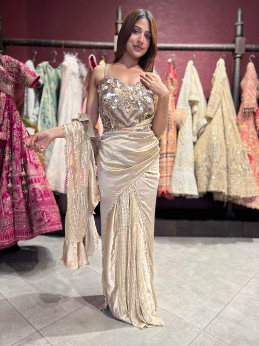 Champagne Gold Sequin Pre-Draped Saree Set with Embellished Blouse