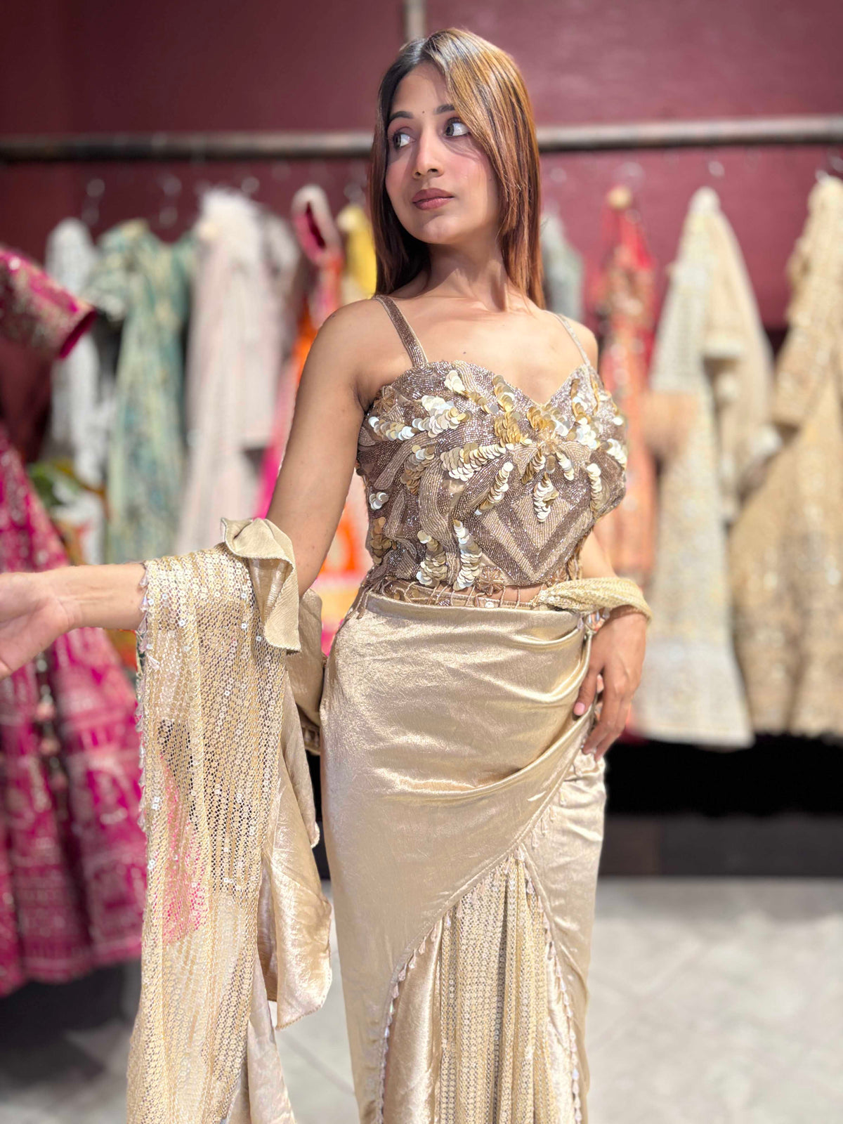 Champagne Gold Sequin Pre-Draped Saree Set with Embellished Blouse