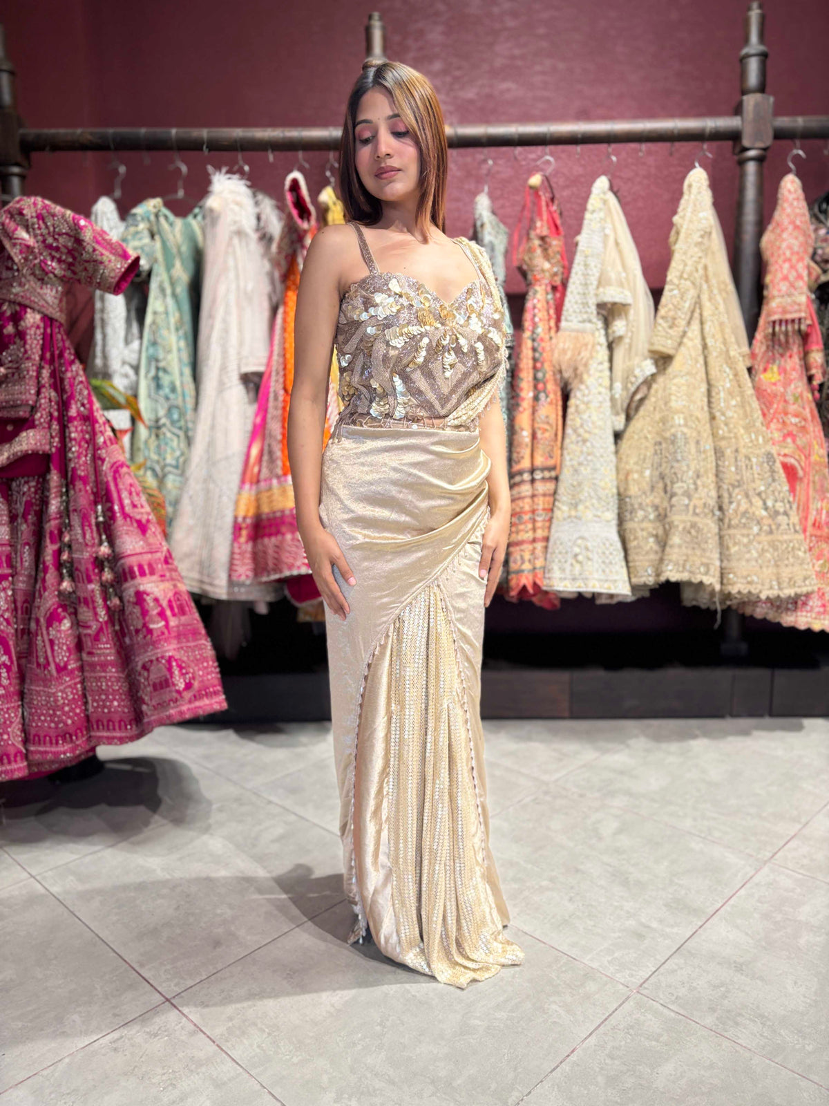 Champagne Gold Sequin Pre-Draped Saree Set with Embellished Blouse