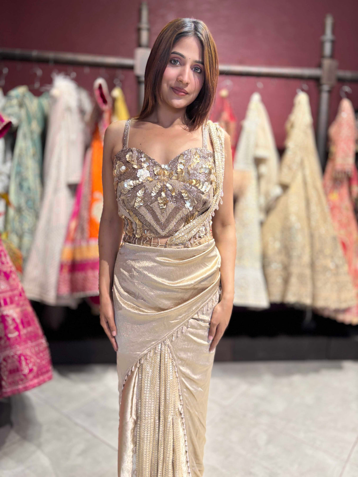 Champagne Gold Sequin Pre-Draped Saree Set with Embellished Blouse