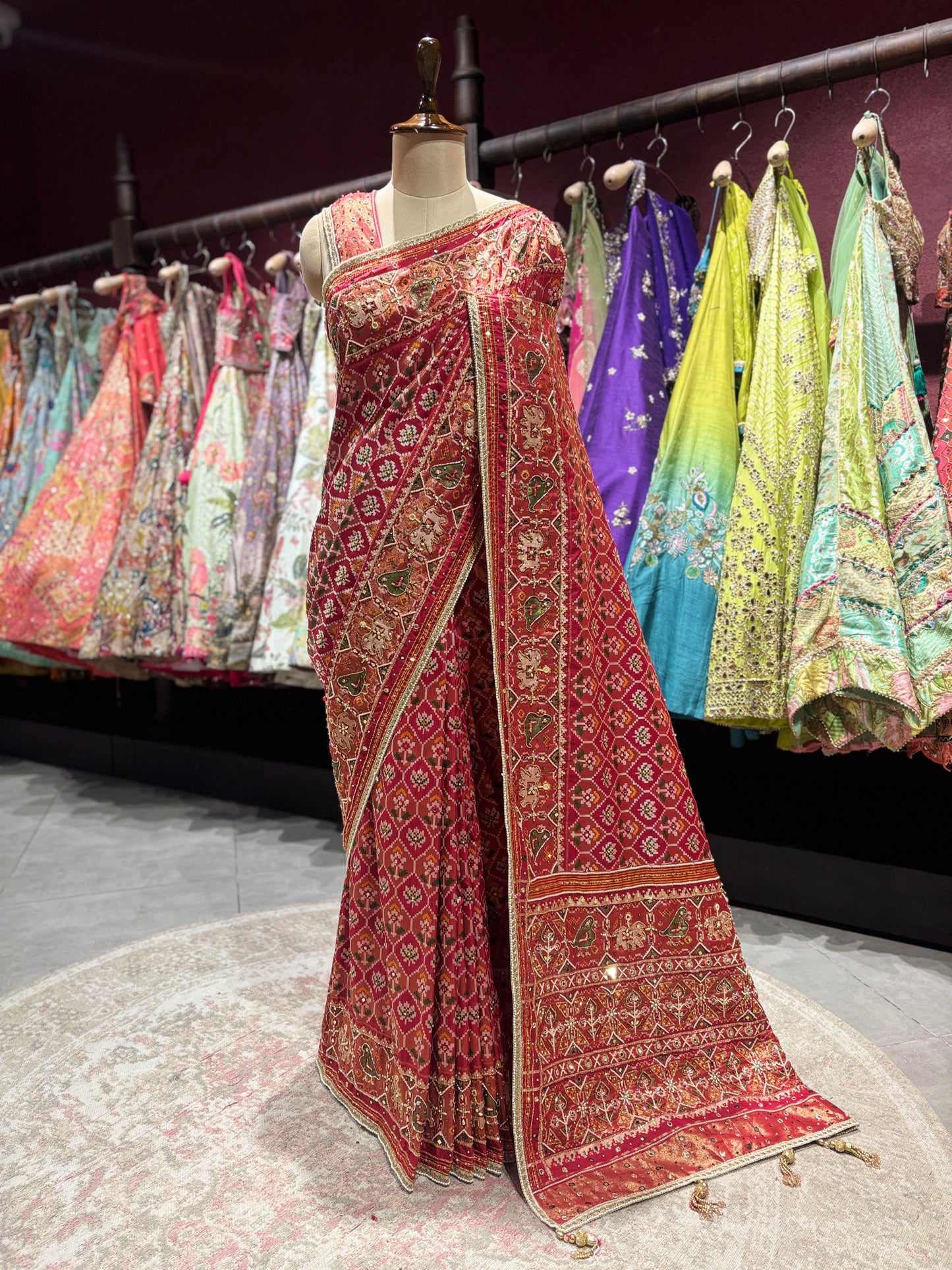 Royal Red Patola Silk Saree with Zari & Ethnic Motifs