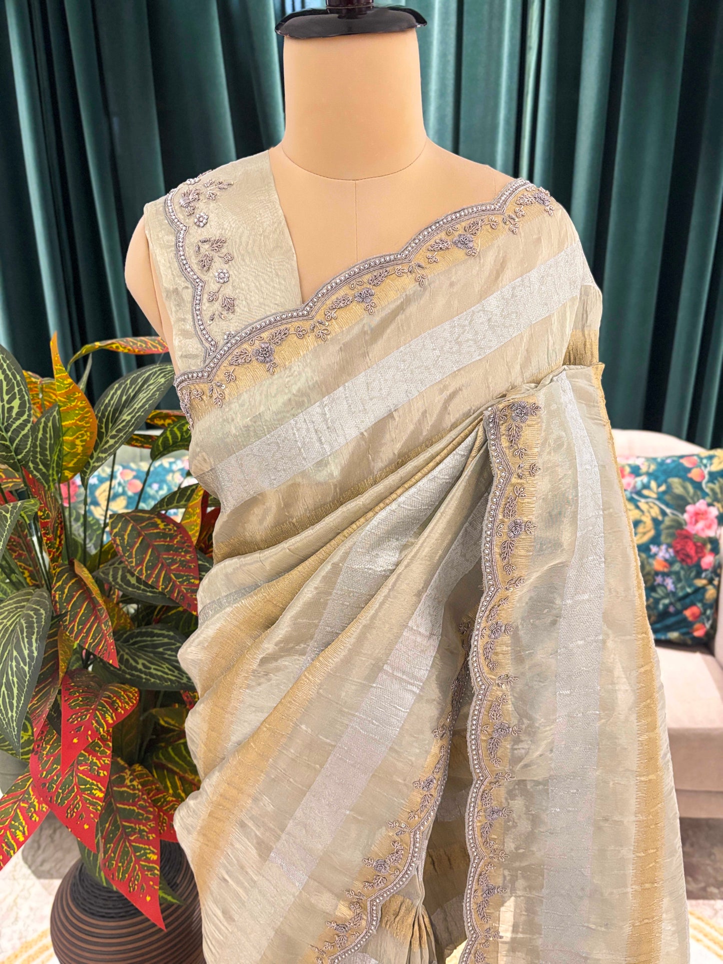 Beige Striped Saree with Embroidered Border