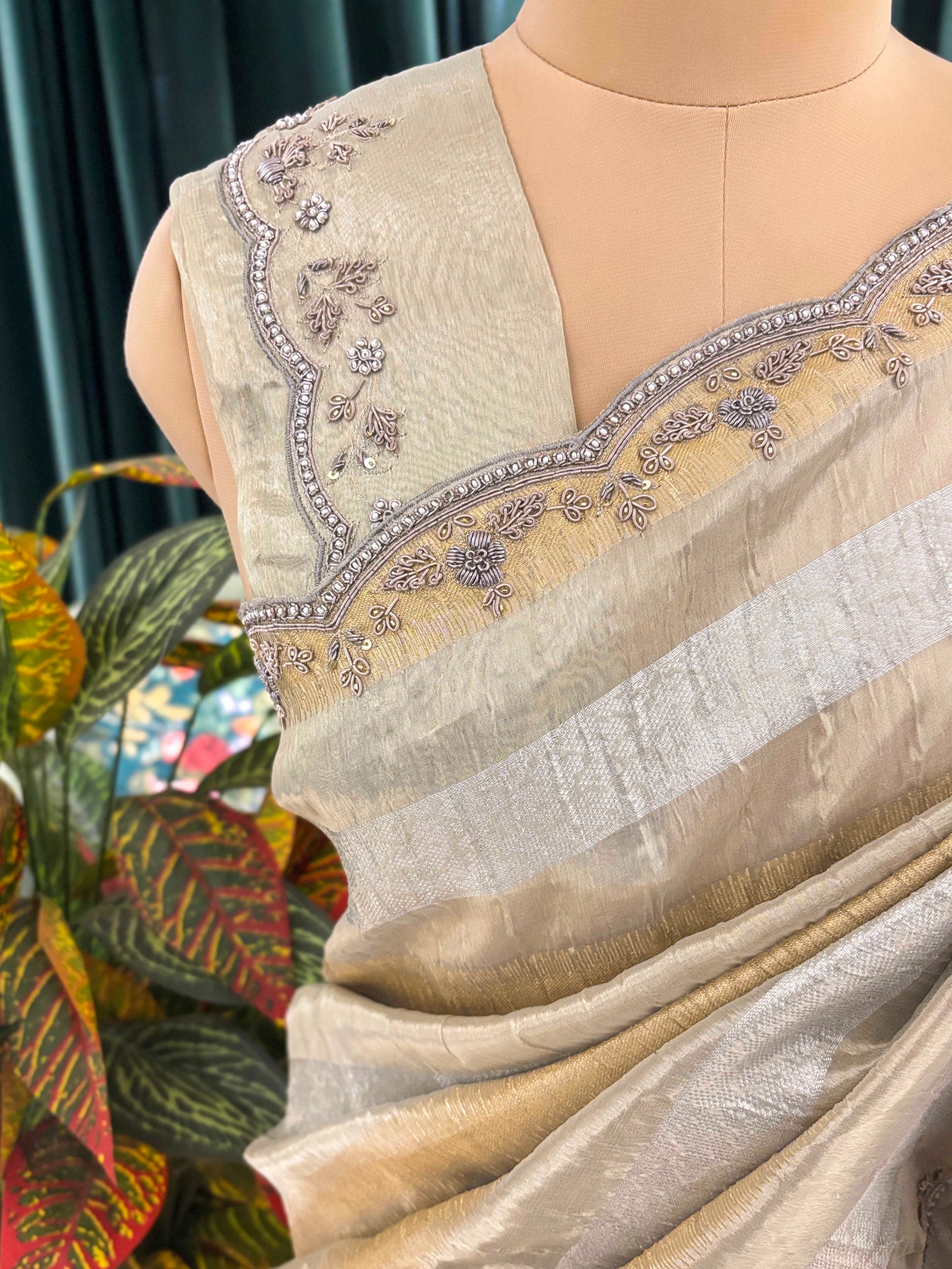 Beige Striped Saree with Embroidered Border