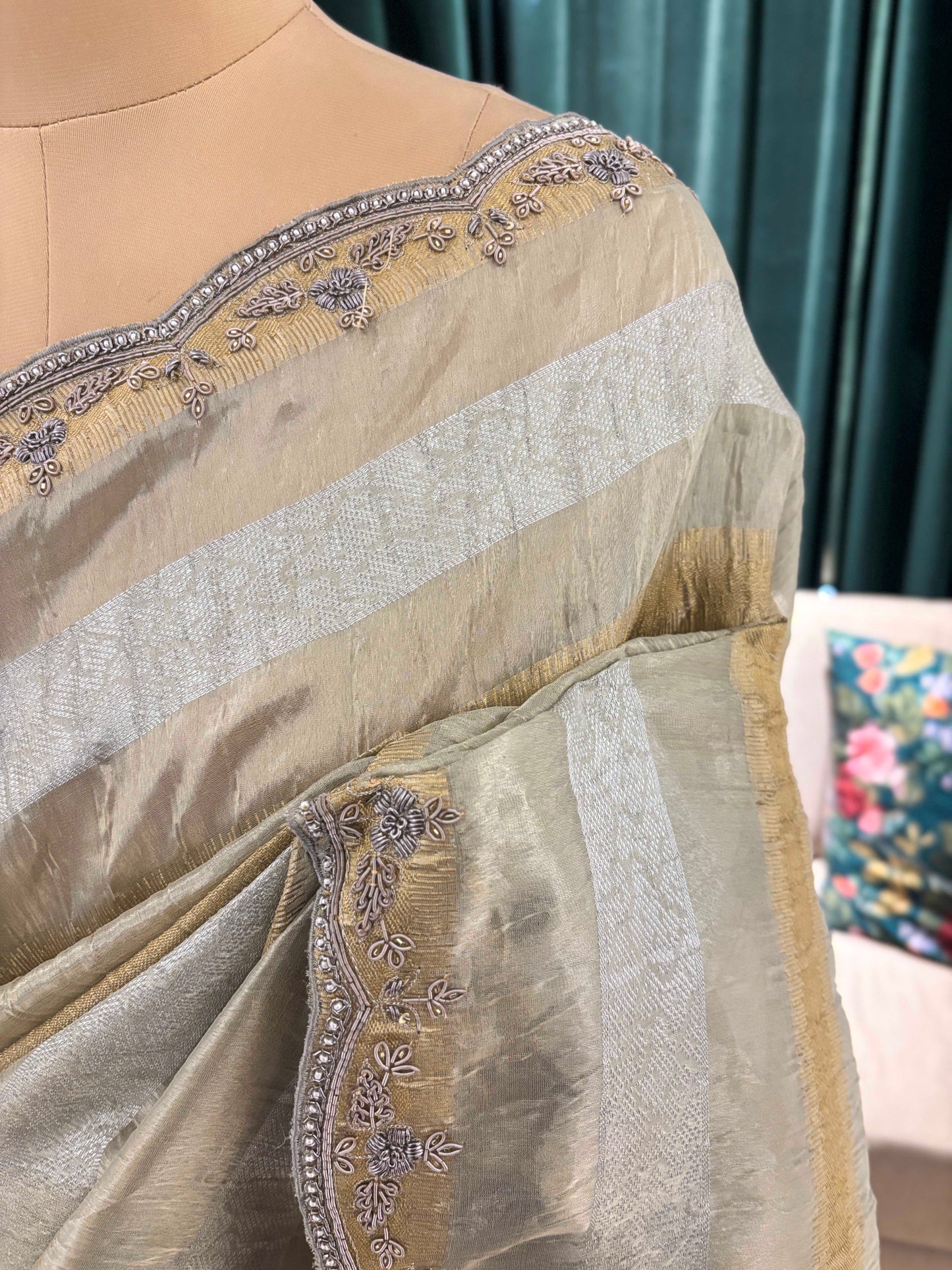Beige Striped Saree with Embroidered Border