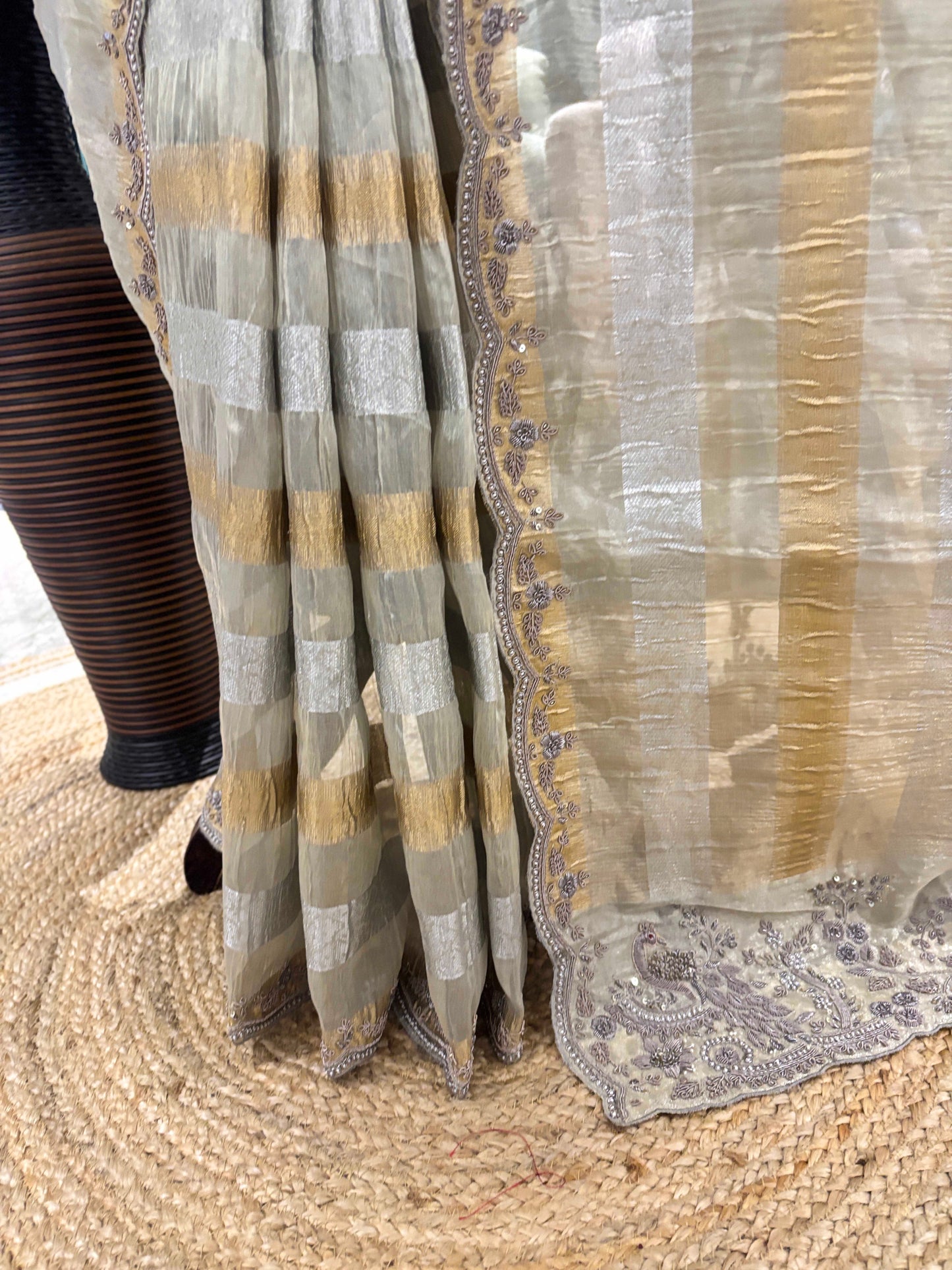 Beige Striped Saree with Embroidered Border