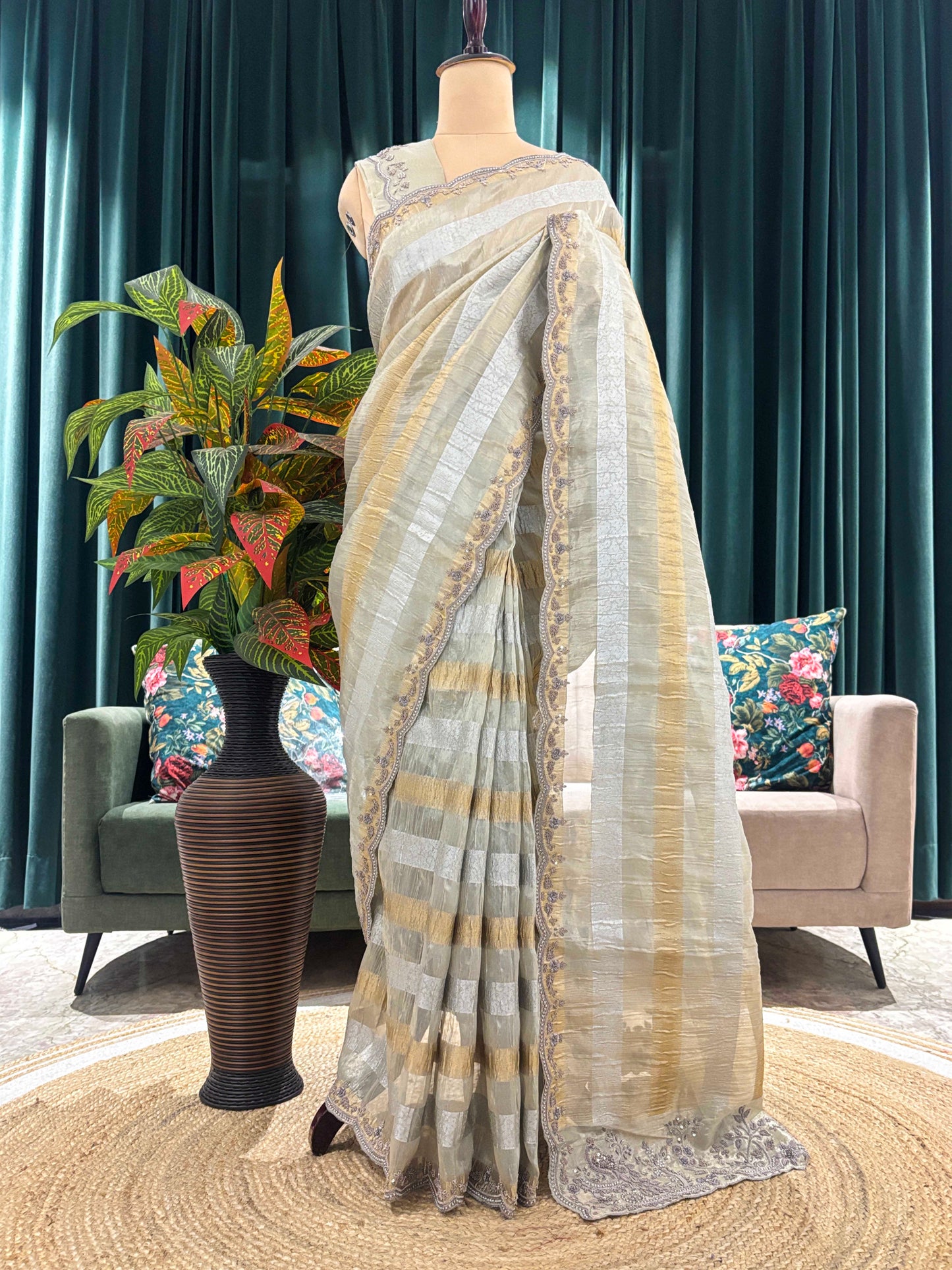 Beige Striped Saree with Embroidered Border