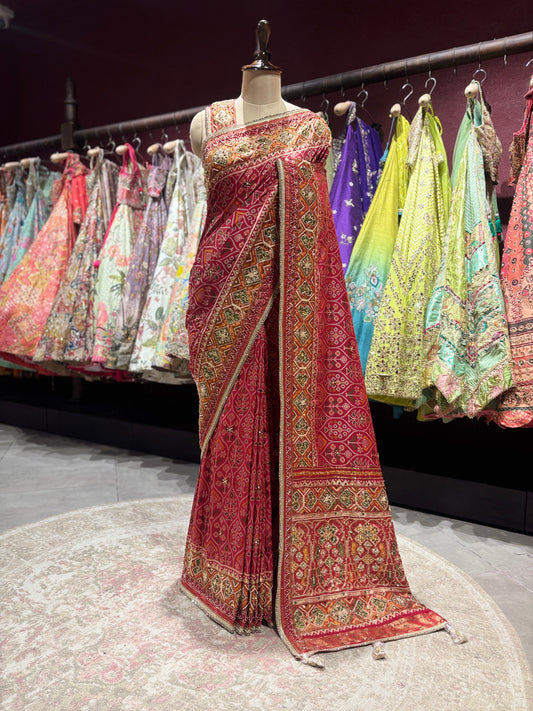 Royal Red Handcrafted Embroidered Designer Silk Saree