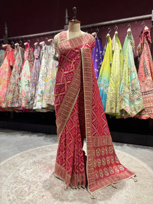 Red Bandhani Zari Border Festive Designer Saree for Women