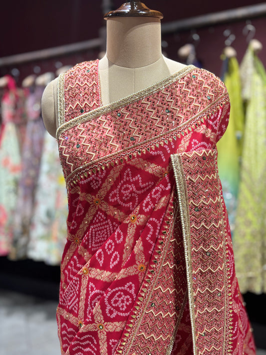 Red Bandhani Zari Border Festive Designer Saree for Women