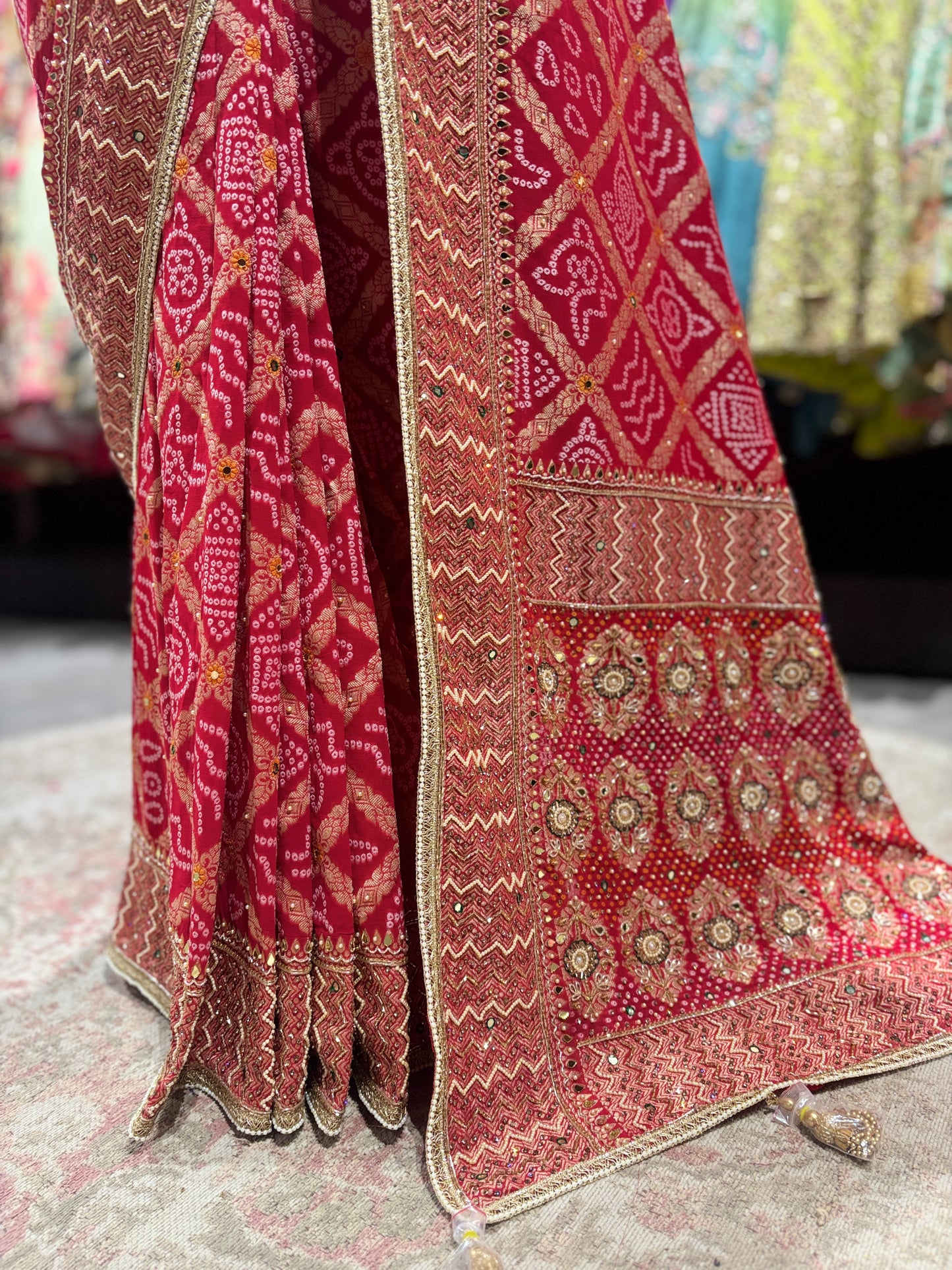 Red Bandhani Zari Border Festive Designer Saree for Women