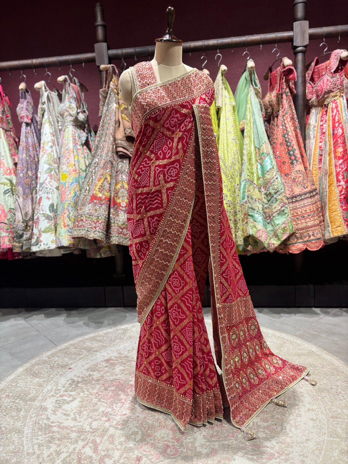 Red Bandhani Zari Border Festive Designer Saree for Women