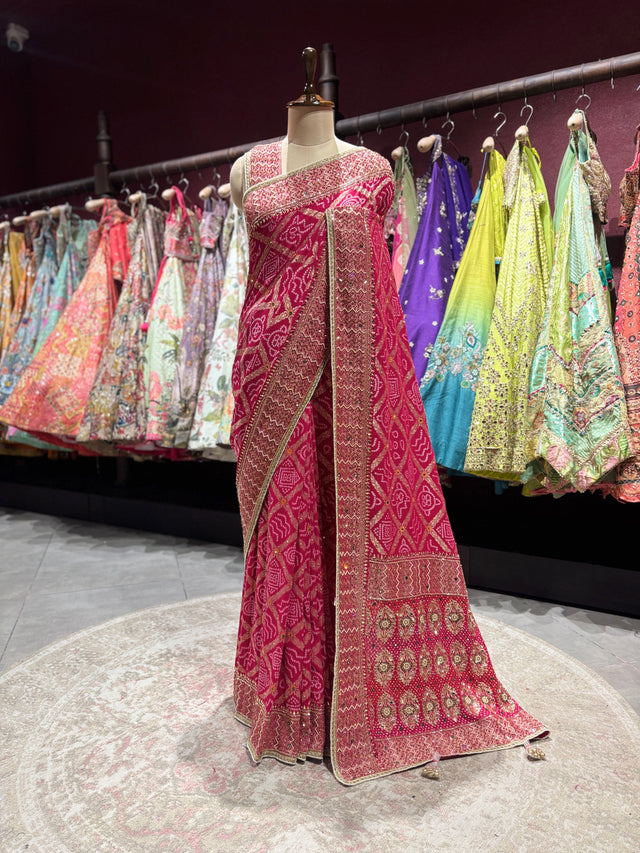 Rani Bandhani Zari Border Festive Designer Saree for Women
