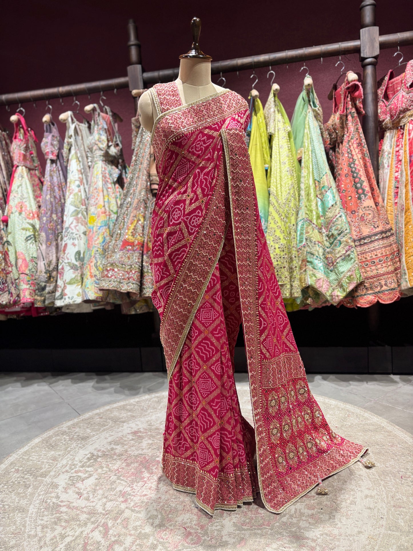 Rani Bandhani Zari Border Festive Designer Saree for Women