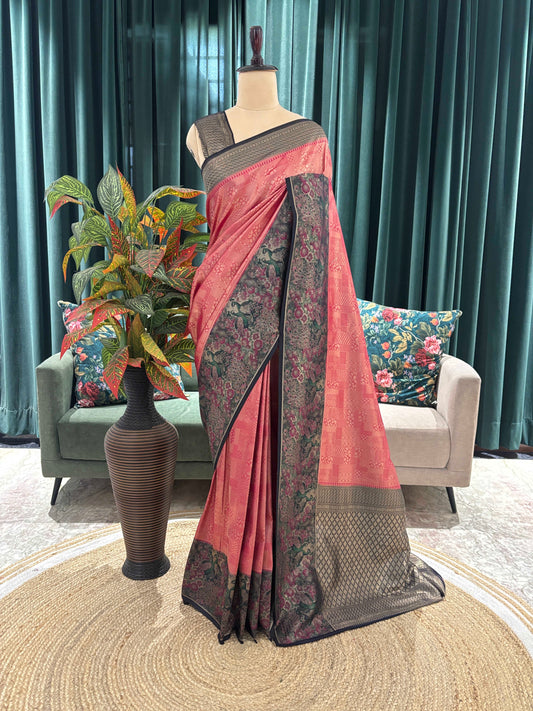 Pink Grey Floral Printed Cotton Saree with Classic Border
