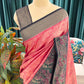 Pink Grey Floral Printed Cotton Saree with Classic Border