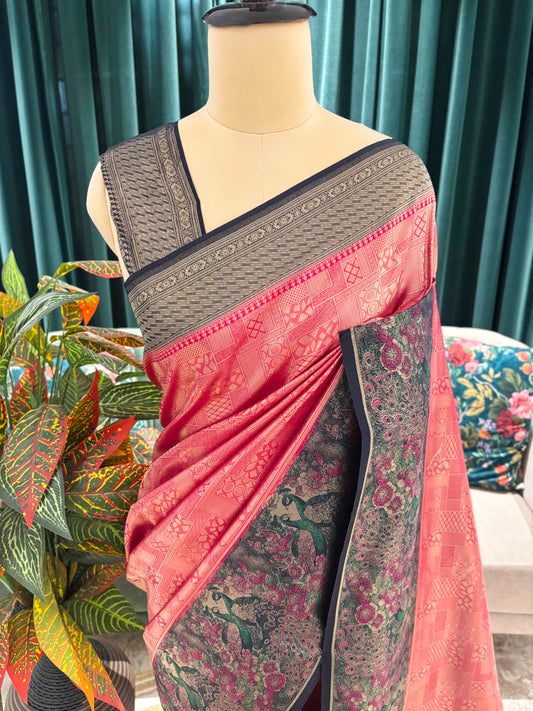 Pink Grey Floral Printed Cotton Saree with Classic Border