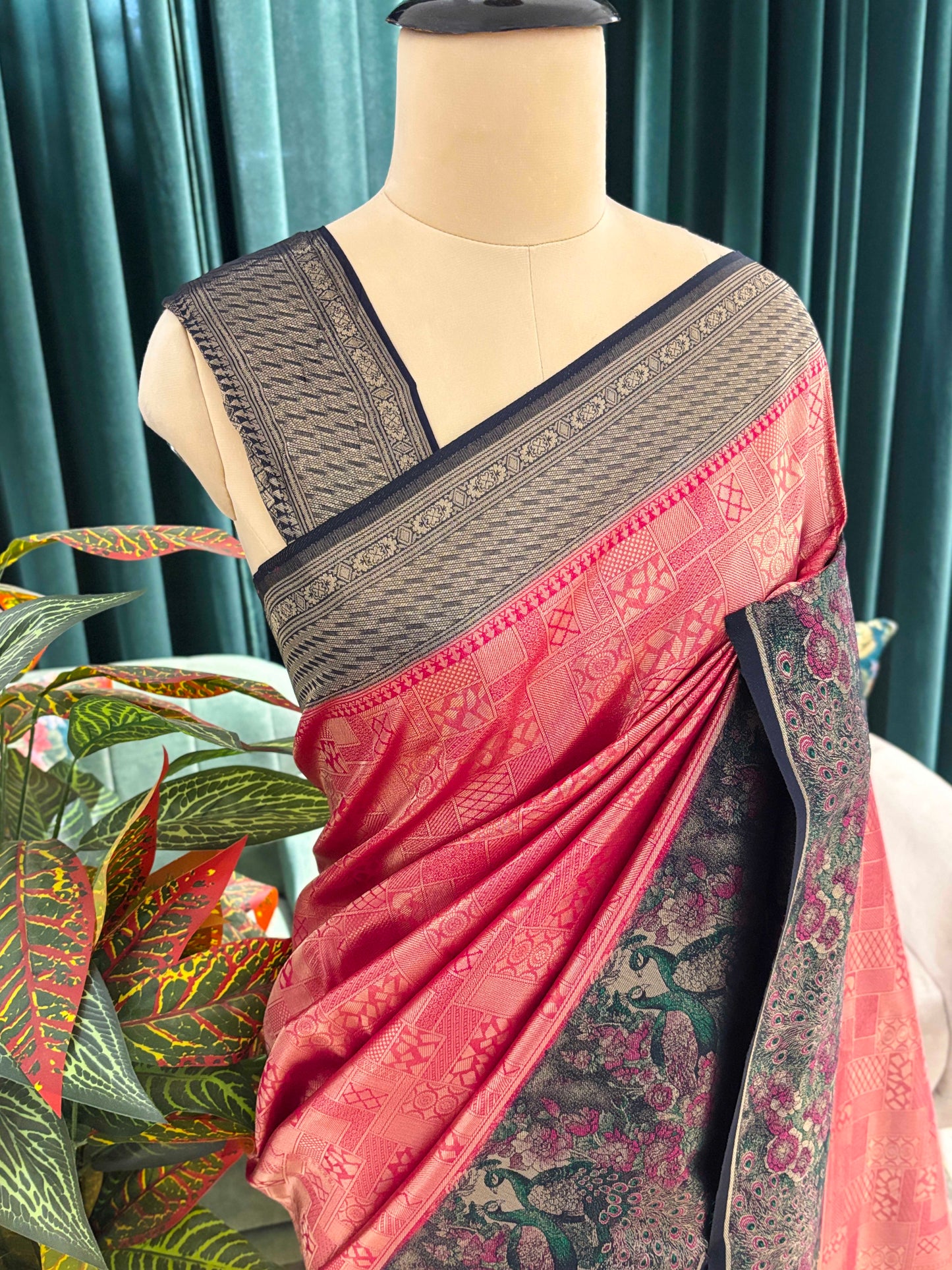 Pink Grey Floral Printed Cotton Saree with Classic Border