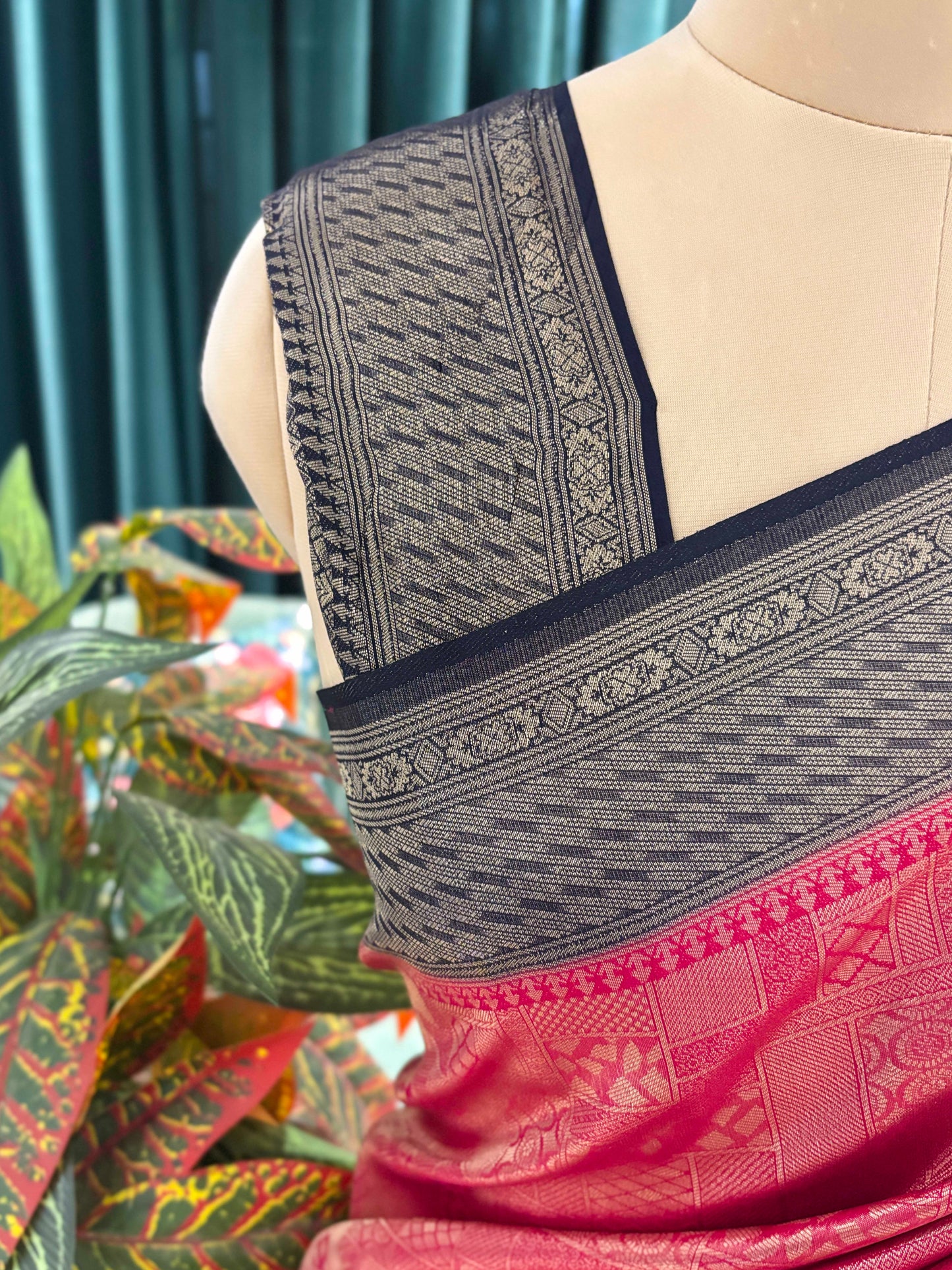 Pink Grey Floral Printed Cotton Saree with Classic Border