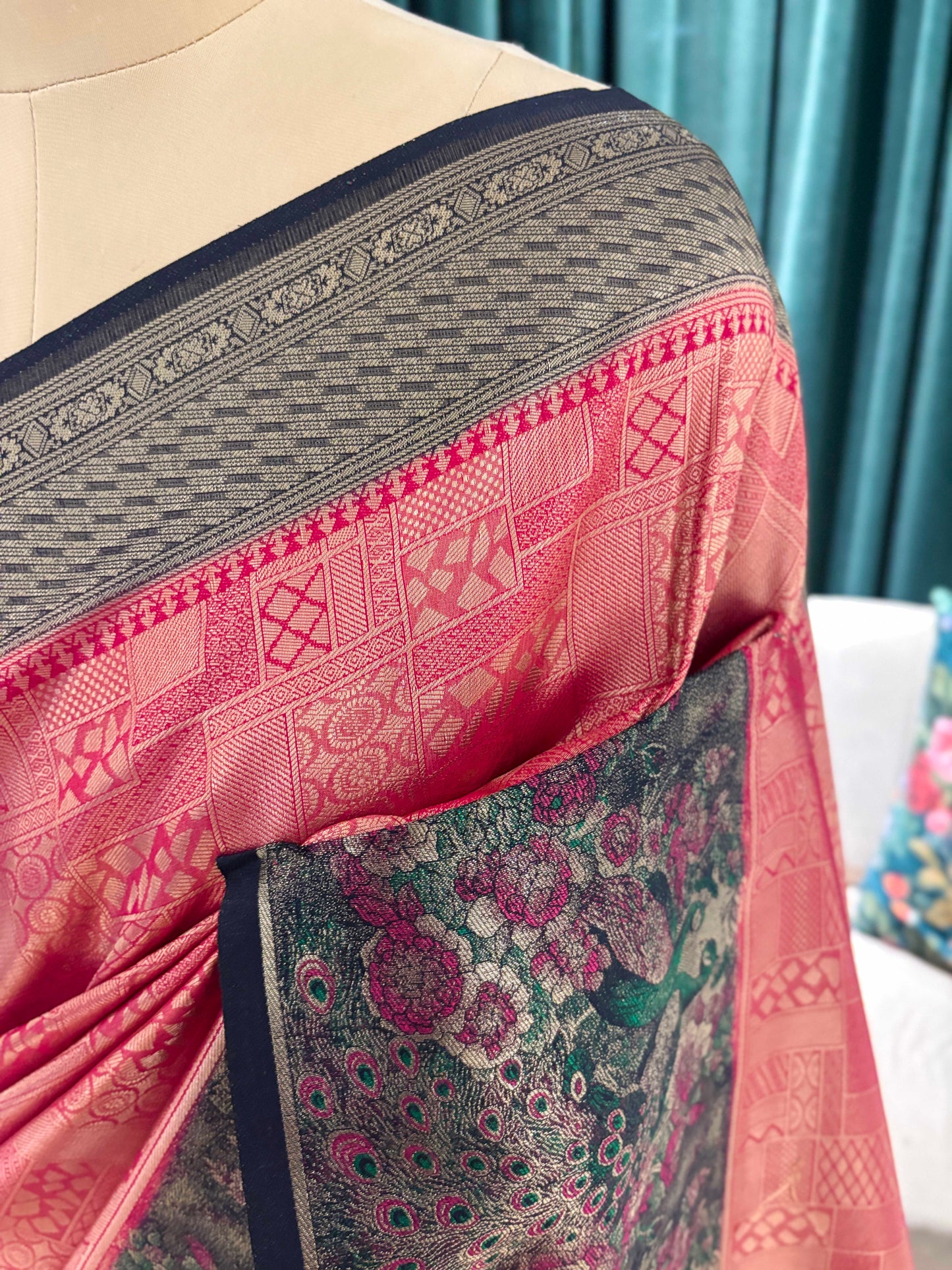 Pink Grey Floral Printed Cotton Saree with Classic Border