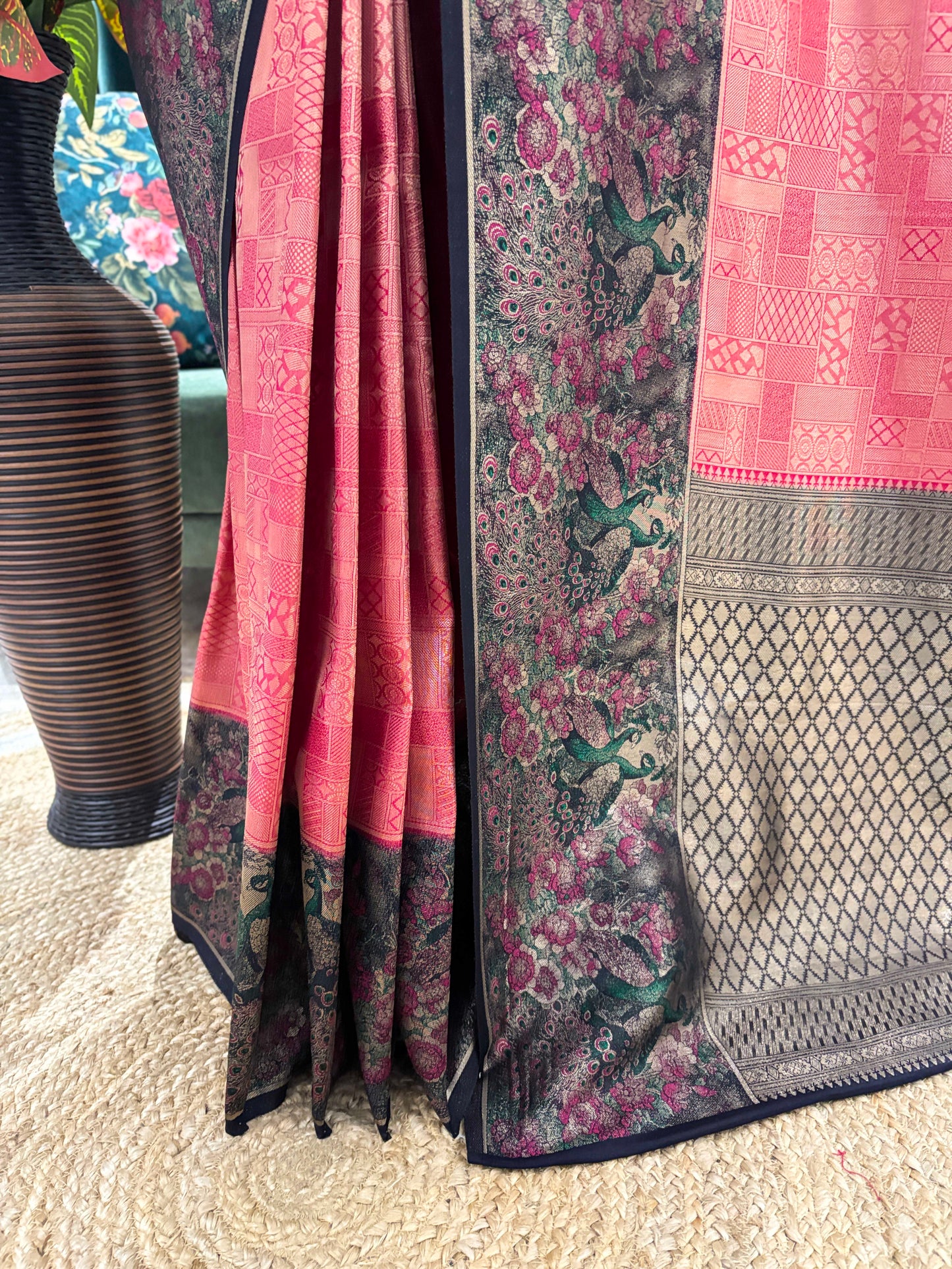 Pink Grey Floral Printed Cotton Saree with Classic Border