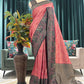 Pink Grey Floral Printed Cotton Saree with Classic Border
