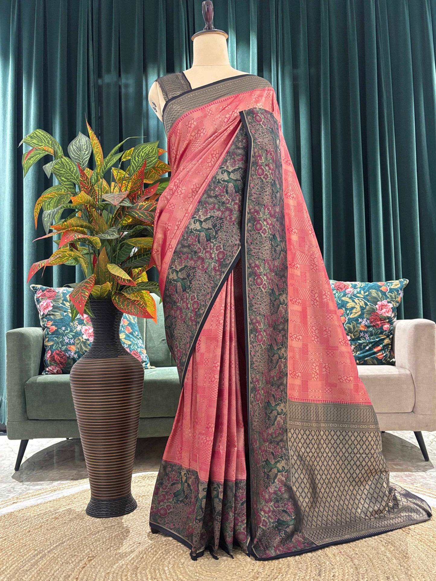 Pink Grey Floral Printed Cotton Saree with Classic Border