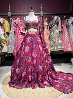 Wine Floral Lehenga with Embellished Corset Blouse