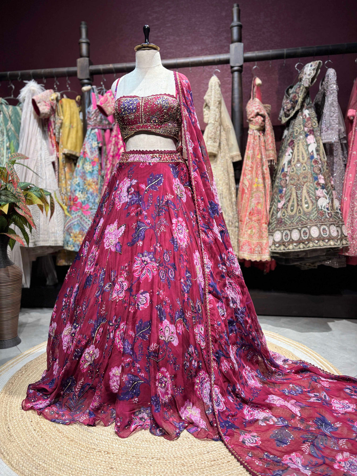 Wine Floral Lehenga with Embellished Corset Blouse