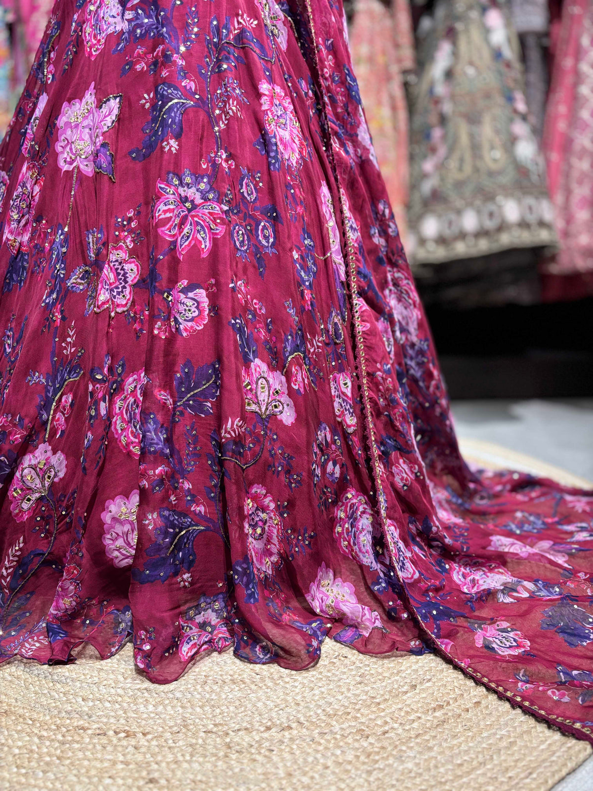 Wine Floral Lehenga with Embellished Corset Blouse