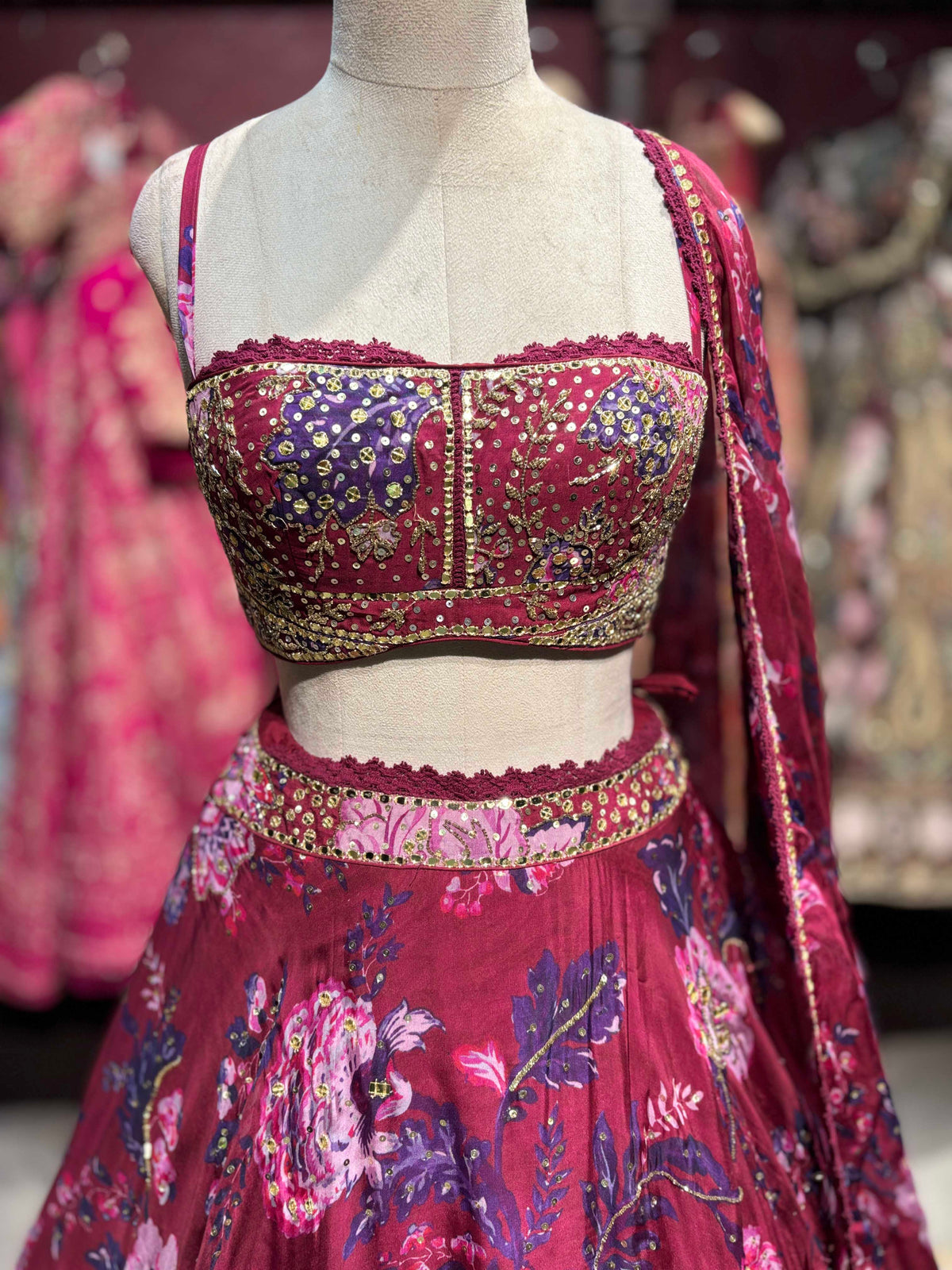 Wine Floral Lehenga with Embellished Corset Blouse
