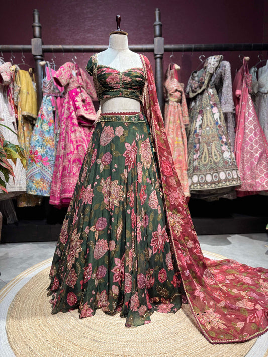 Emerald Green Floral Lehenga with Wine Printed Dupatta