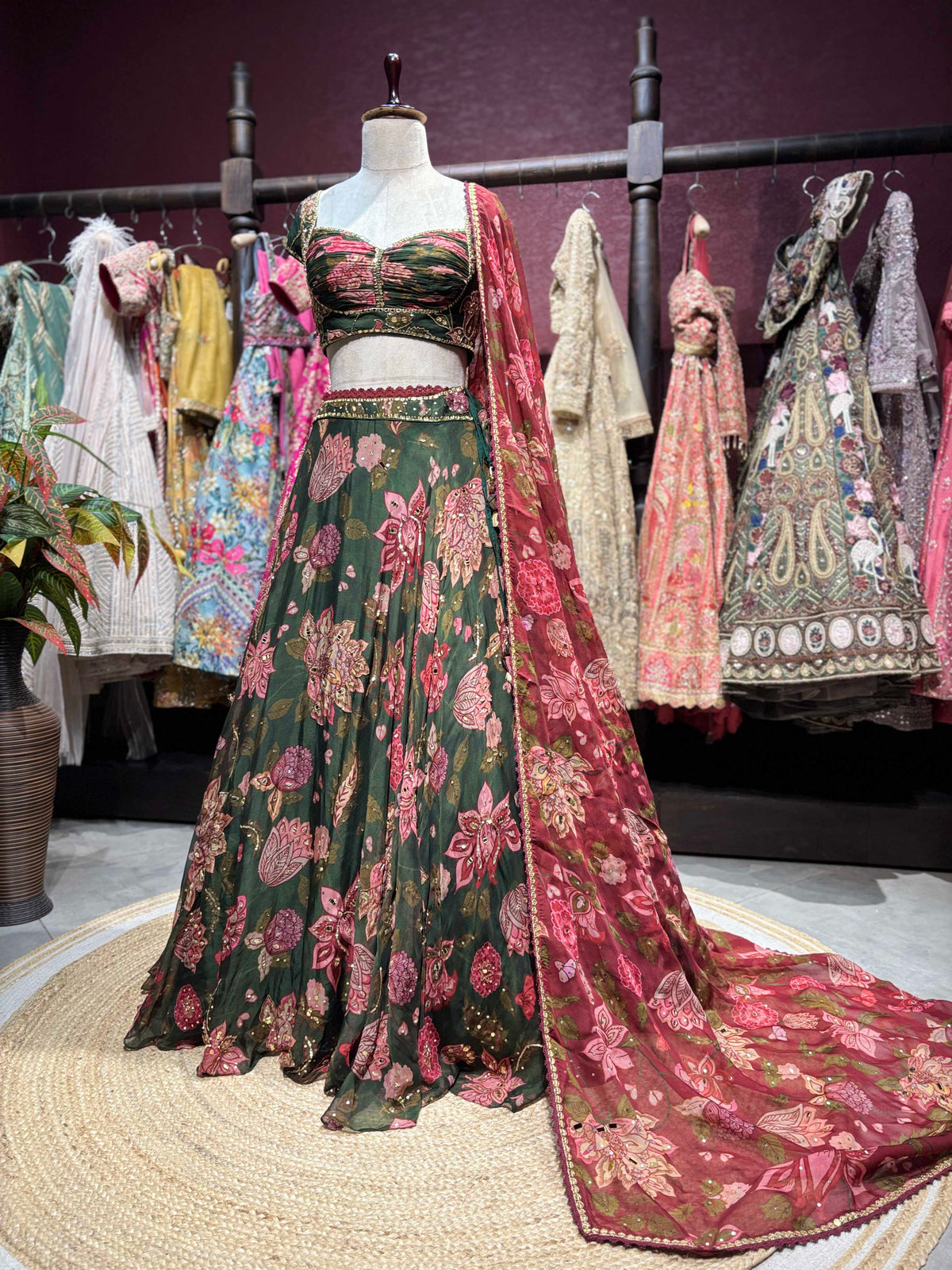 Emerald Green Floral Lehenga with Wine Printed Dupatta