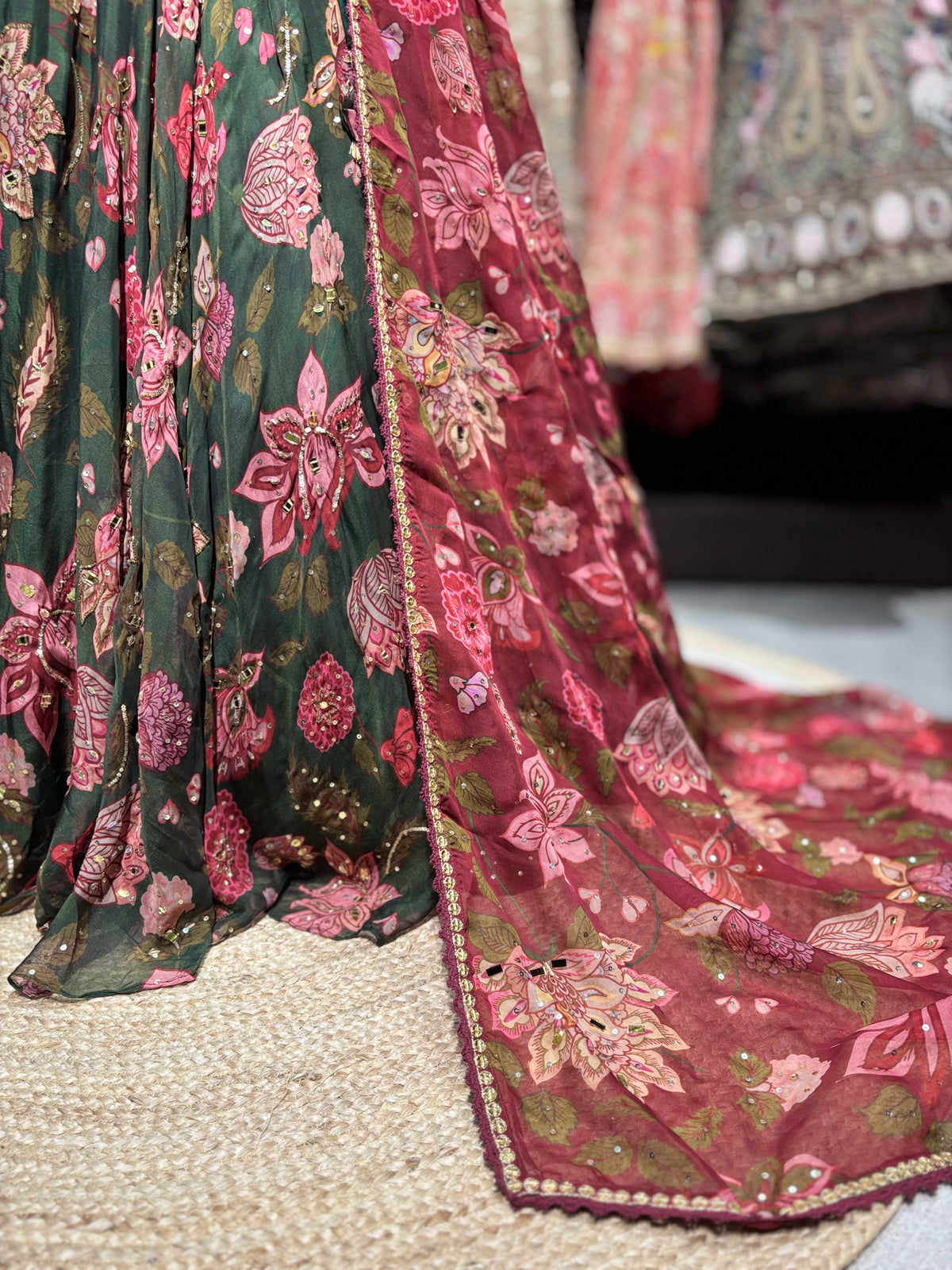 Emerald Green Floral Lehenga with Wine Printed Dupatta