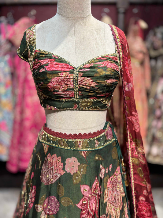 Emerald Green Floral Lehenga with Wine Printed Dupatta