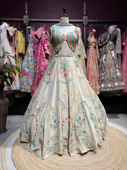 Ivory Multicolor Botanical Embroidered Lehenga Designer Blouse