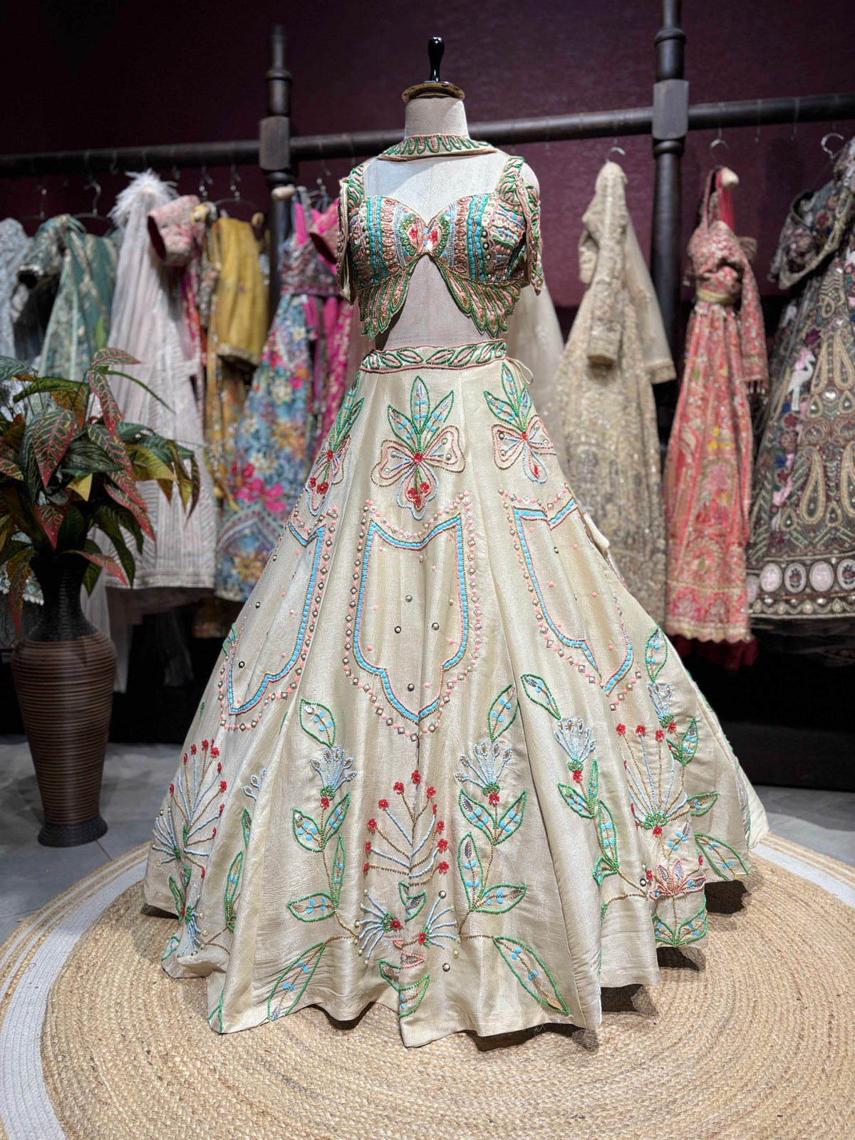 Ivory Multicolor Botanical Embroidered Lehenga Designer Blouse