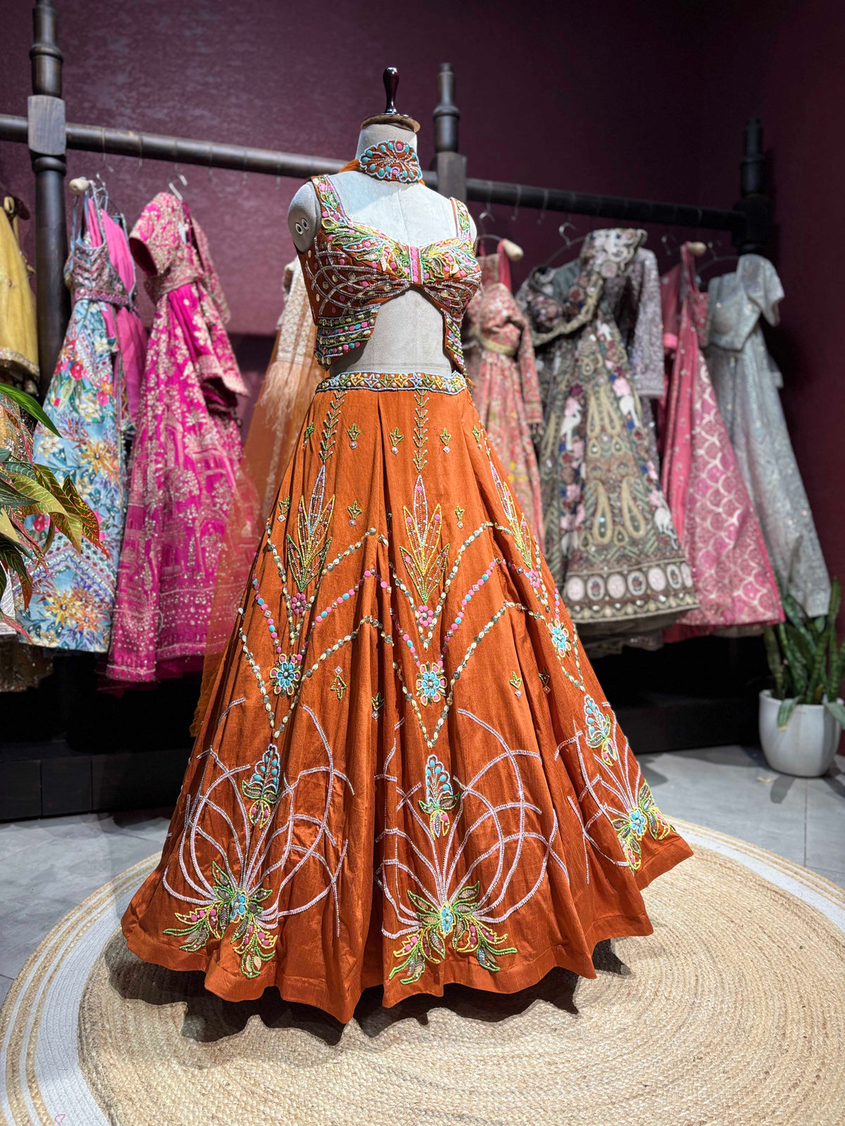 Rust Orange Multicolor Embroidered Designer Lehenga