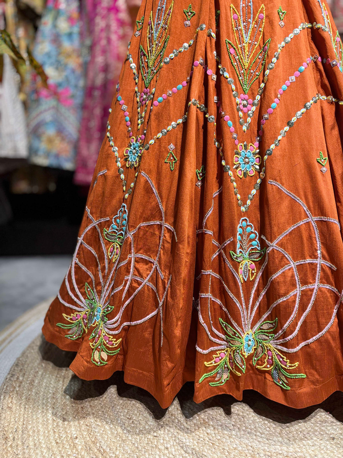 Rust Orange Multicolor Embroidered Designer Lehenga
