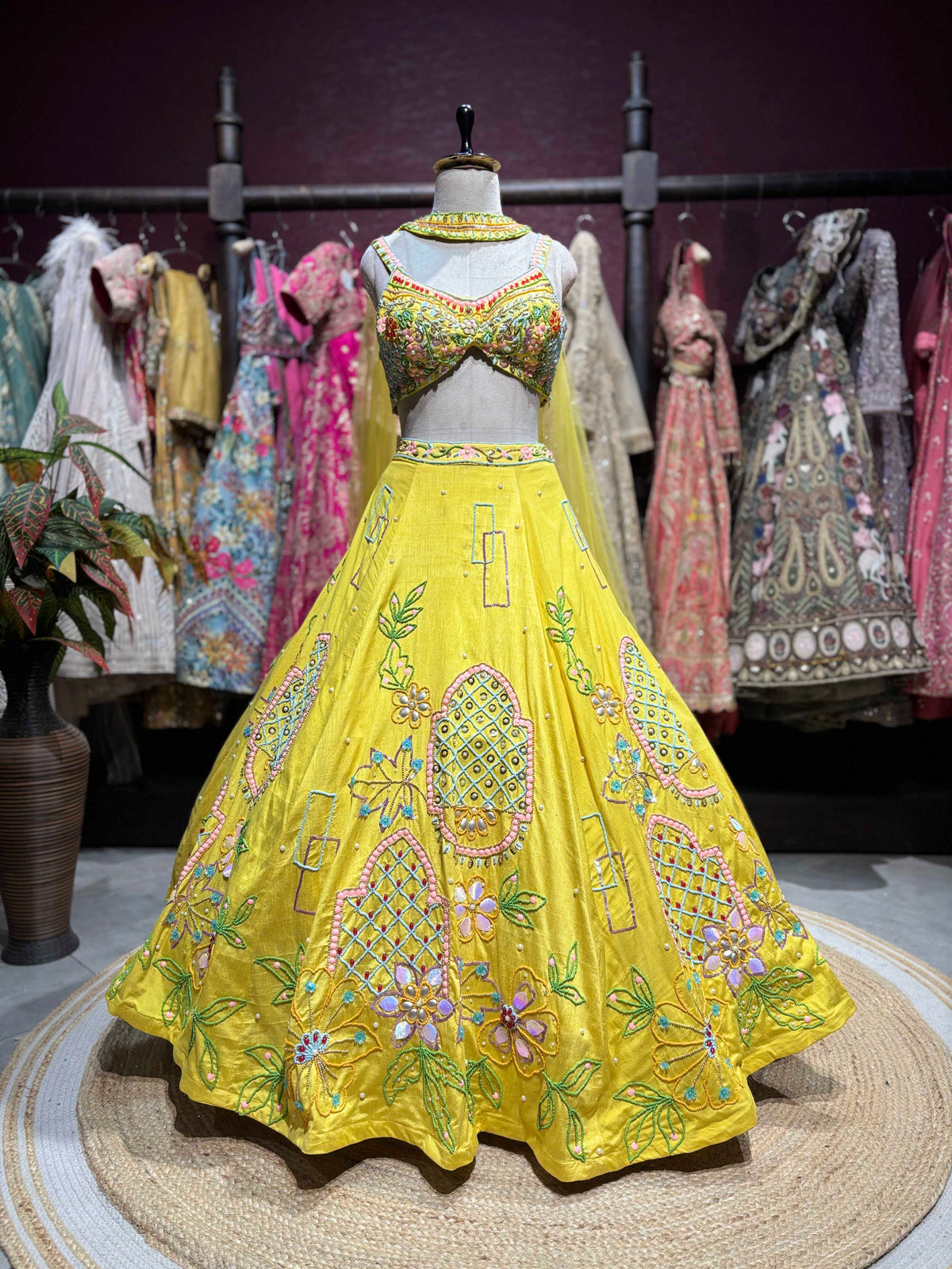Sunshine Yellow Multicolor Floral Embroidered Lehenga
