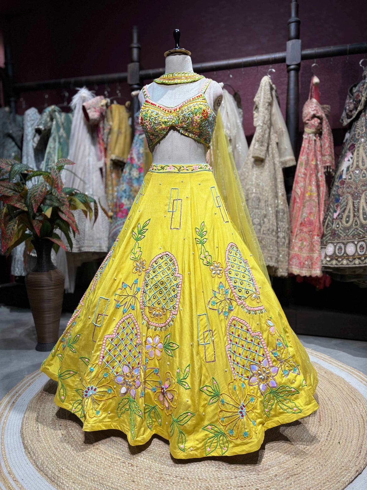 Sunshine Yellow Multicolor Floral Embroidered Lehenga