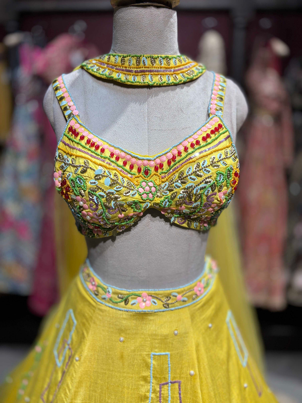 Sunshine Yellow Multicolor Floral Embroidered Lehenga