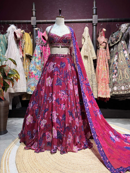 Wine Pink Floral Printed & Embellished Lehenga Set