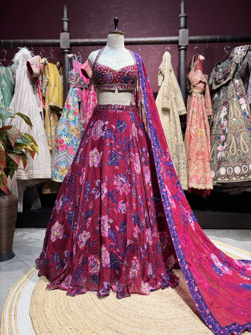 Wine Pink Floral Printed & Embellished Lehenga Set