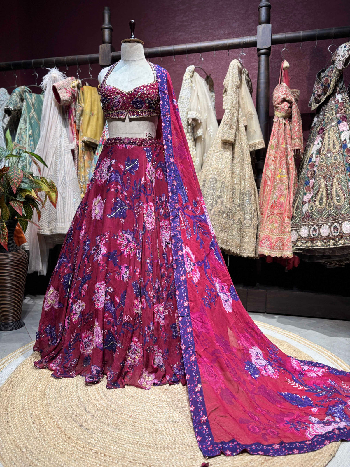Wine Pink Floral Printed & Embellished Lehenga Set